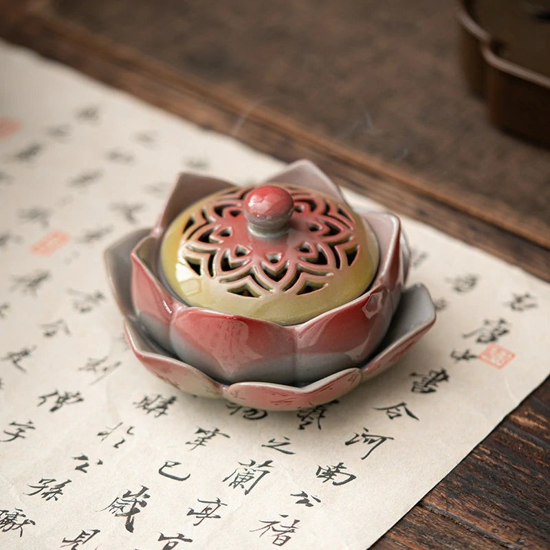 Zenith Censer Lotus Painted Pottery Incense Burner - Handmade Vintage Ceramic Incenser for Religious & Meditation Use