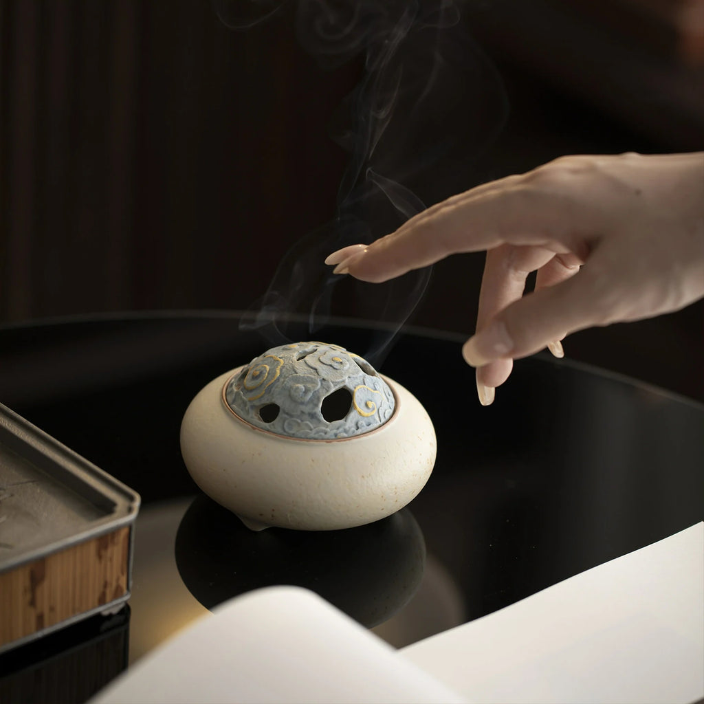 Rustic Stoneware Incense Burner with Iron Bloom & Carved Clouds | Indigo Glaze Vintage Censer | Small Altar Centerpiece | Zenith Censer