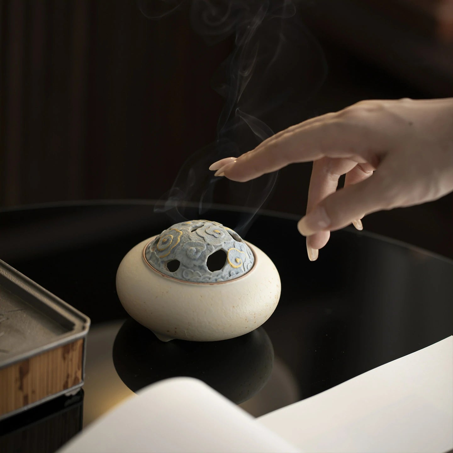 Rustic Stoneware Incense Burner with Iron Bloom & Carved Clouds | Indigo Glaze Vintage Censer | Small Altar Centerpiece | Zenith Censer