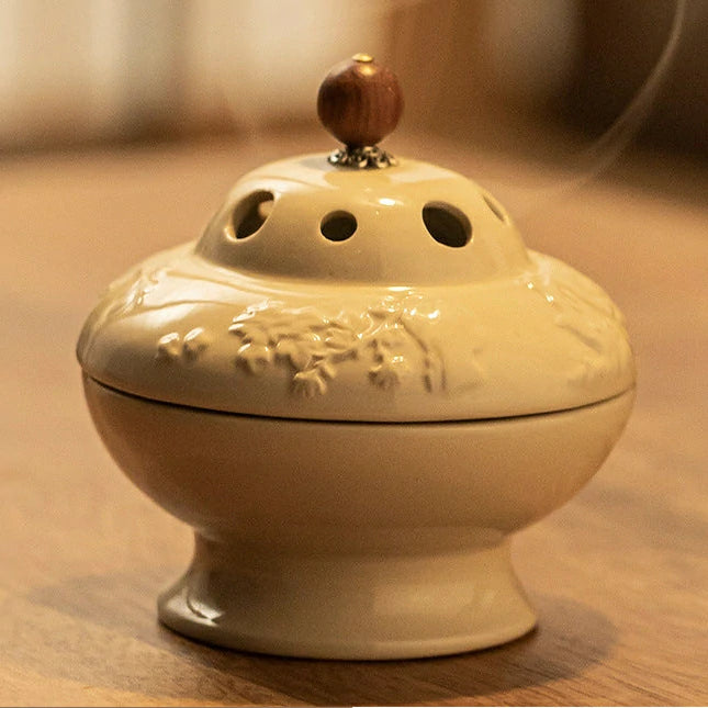 ‘Four Gentlemen’ Ash Glaze Ceramic Incense Burner | Coil Incense Altar for Meditation | Scholar’s Studio Decor | Zenith Censer