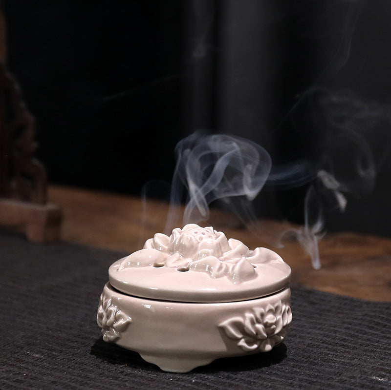 Ash Glaze Lotus Relief Ceramic Incense Burner | Handmade Coil Incense Censer with Safety Liner | Zenith Censer