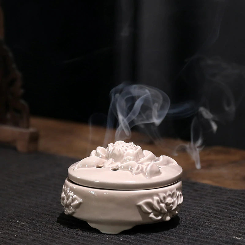 Ash Glaze Lotus Relief Ceramic Incense Burner | Handmade Coil Incense Censer with Safety Liner | Zenith Censer