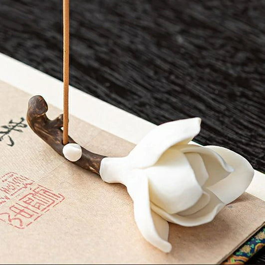 Hand-Sculpted Magnolia & Plum Blossom Ceramic Incense Holders | Classical Floral Desk Sculptures | Zenith Censer
