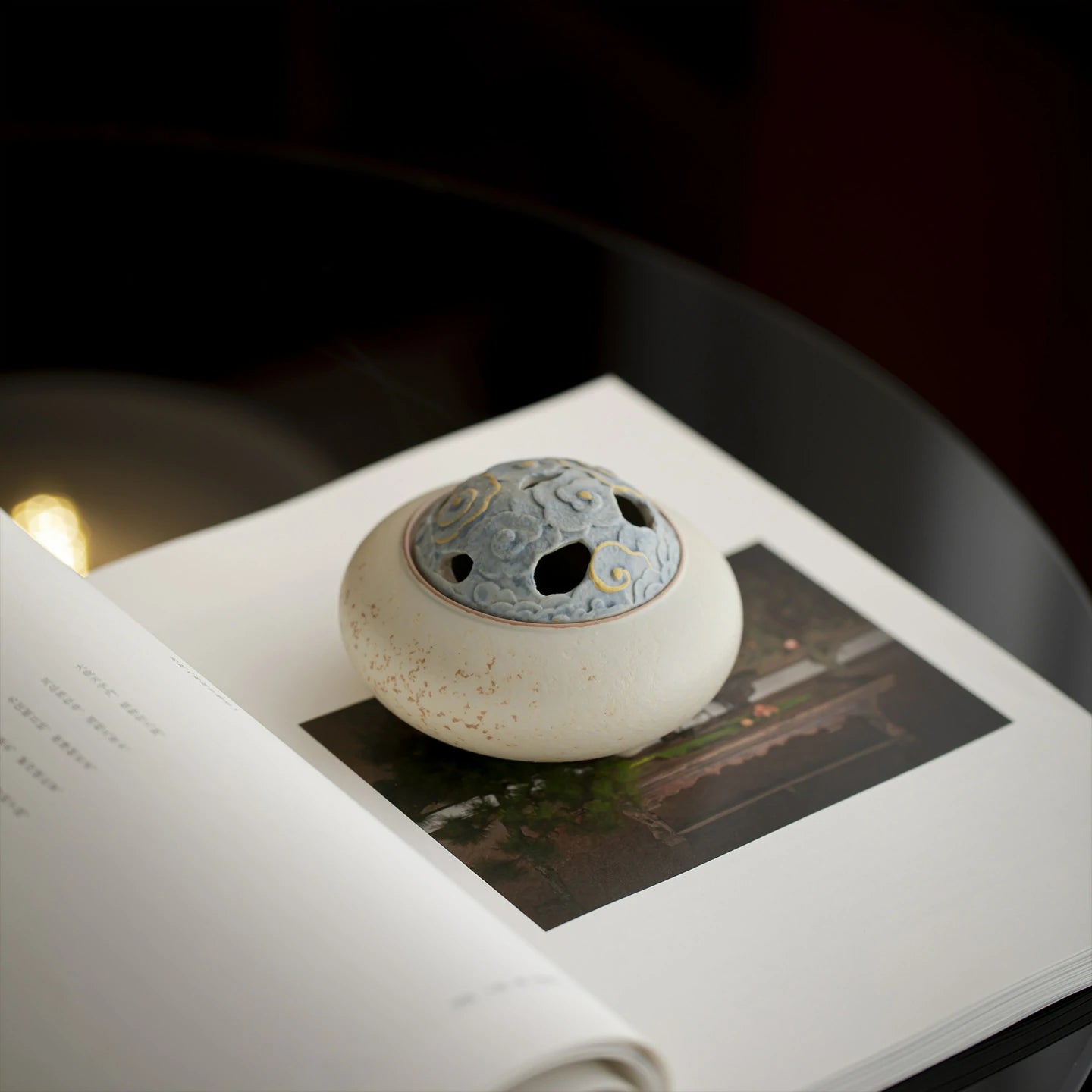 Rustic Stoneware Incense Burner with Iron Bloom & Carved Clouds | Indigo Glaze Vintage Censer | Small Altar Centerpiece | Zenith Censer