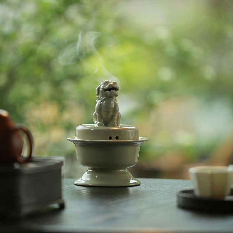 Ding Ware Awakening Lion Ceramic Incense Burner | Large Censer for Incense Ceremony & Meditation | Celadon & Frost Glaze | Zenith Censer