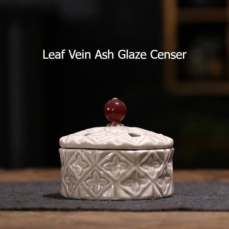 Ash Glaze Lotus Relief Ceramic Incense Burner | Handmade Coil Incense Censer with Safety Liner | Zenith Censer