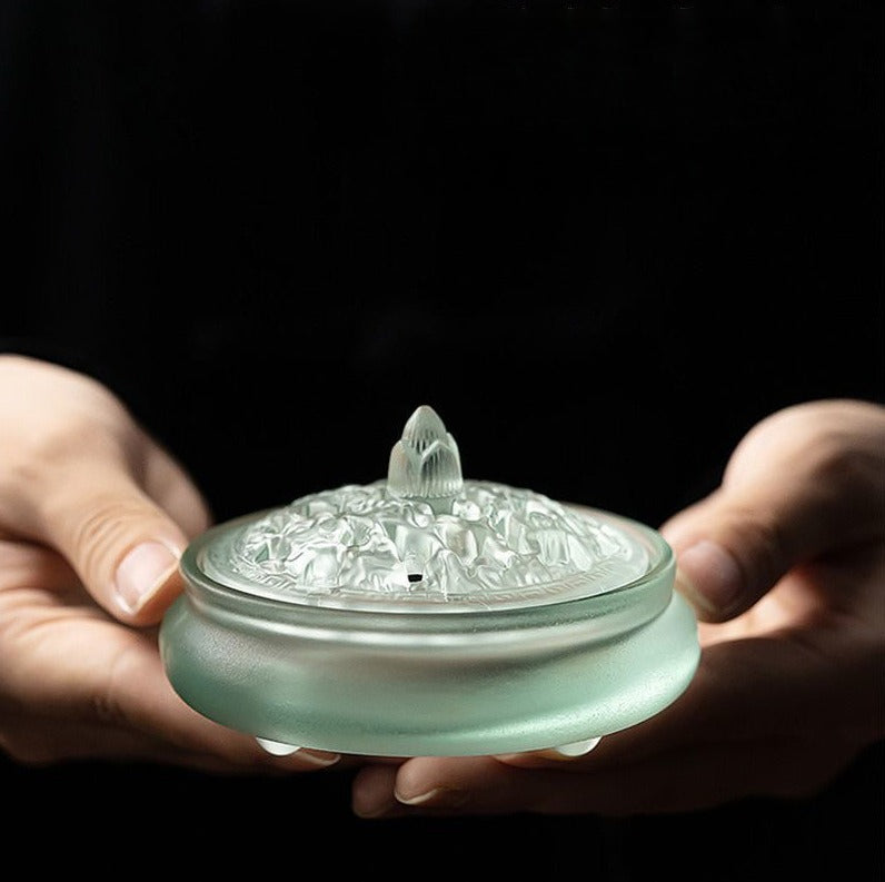 Hand-Blown Glass Xuande-Style Incense Burner | Transparent Censer for Coil/Cone Incense & Rituals | With Premium Sandalwood Options | Zenith Censer