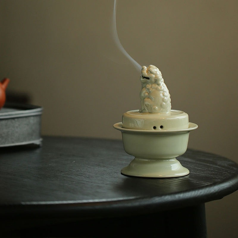 Ding Ware Awakening Lion Ceramic Incense Burner | Large Censer for Incense Ceremony & Meditation | Celadon & Frost Glaze | Zenith Censer