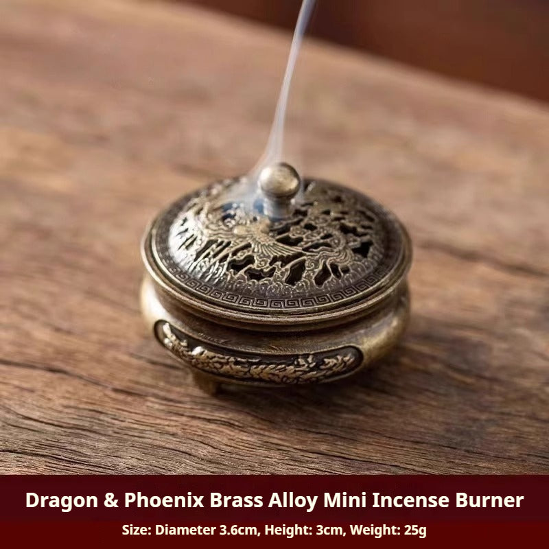 Dragon & Phoenix Brass Alloy Mini Incense Burner | Portable Tri-Leg Censer for Travel, Altar & Meditation | Zenith Censer