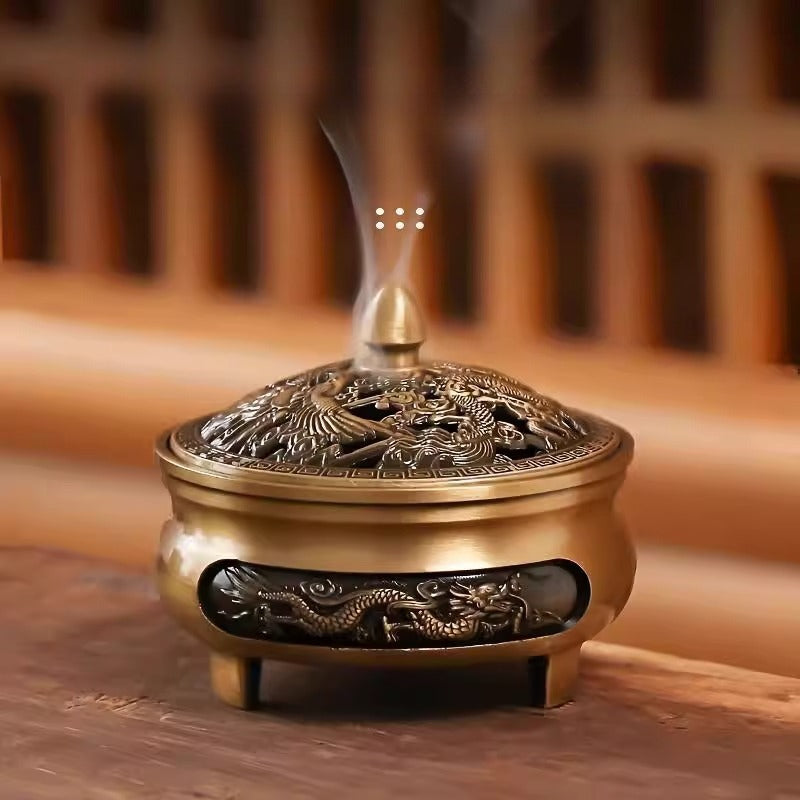 Dragon & Phoenix Brass Alloy Mini Incense Burner | Portable Tri-Leg Censer for Travel, Altar & Meditation | Zenith Censer