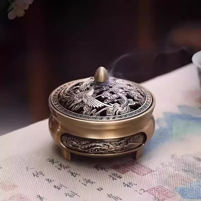 Dragon & Phoenix Brass Alloy Mini Incense Burner | Portable Tri-Leg Censer for Travel, Altar & Meditation | Zenith Censer