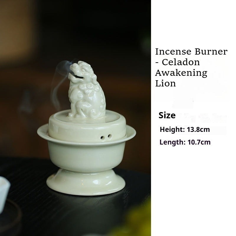 Ding Ware Awakening Lion Ceramic Incense Burner | Large Censer for Incense Ceremony & Meditation | Celadon & Frost Glaze | Zenith Censer