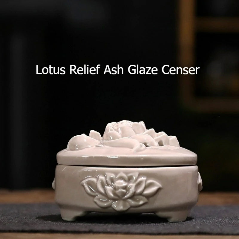 Ash Glaze Lotus Relief Ceramic Incense Burner | Handmade Coil Incense Censer with Safety Liner | Zenith Censer